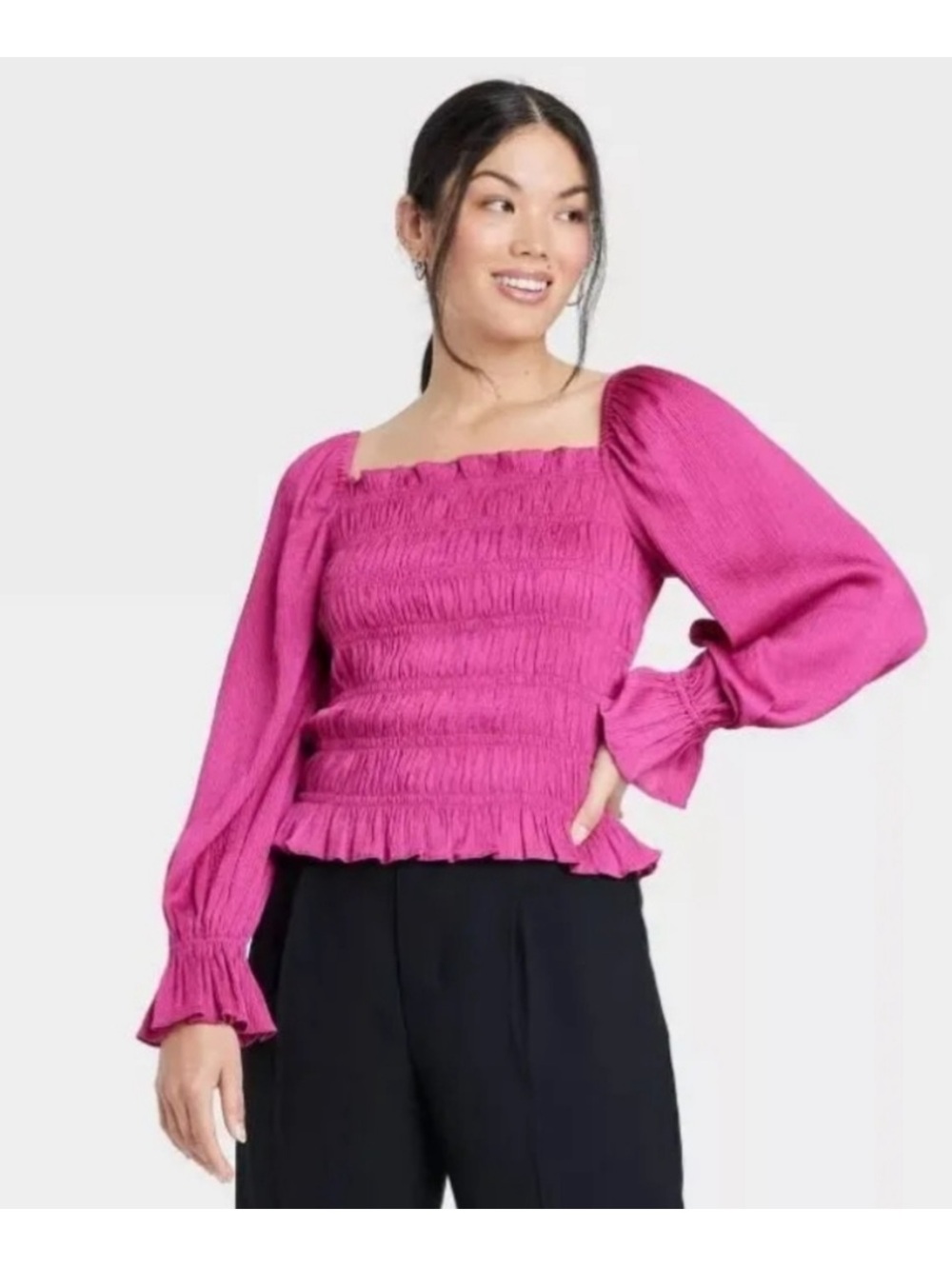 NWOT a new day Fuchsia Smocked Square-Neck Puff Sleeve Top, Size XS